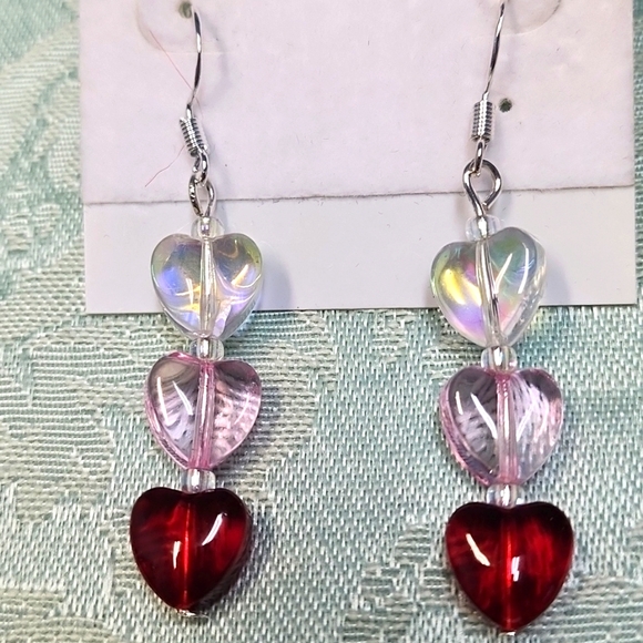 Elegant Heart Drop Earrings - Red, Pink, Silver - Picture 2 of 2